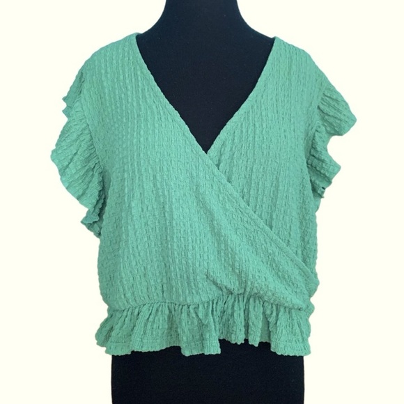 Sage Green Faux Wrap Ruffle Top Size Large - Picture 1 of 8